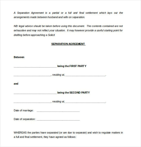marital separation agreement sample document